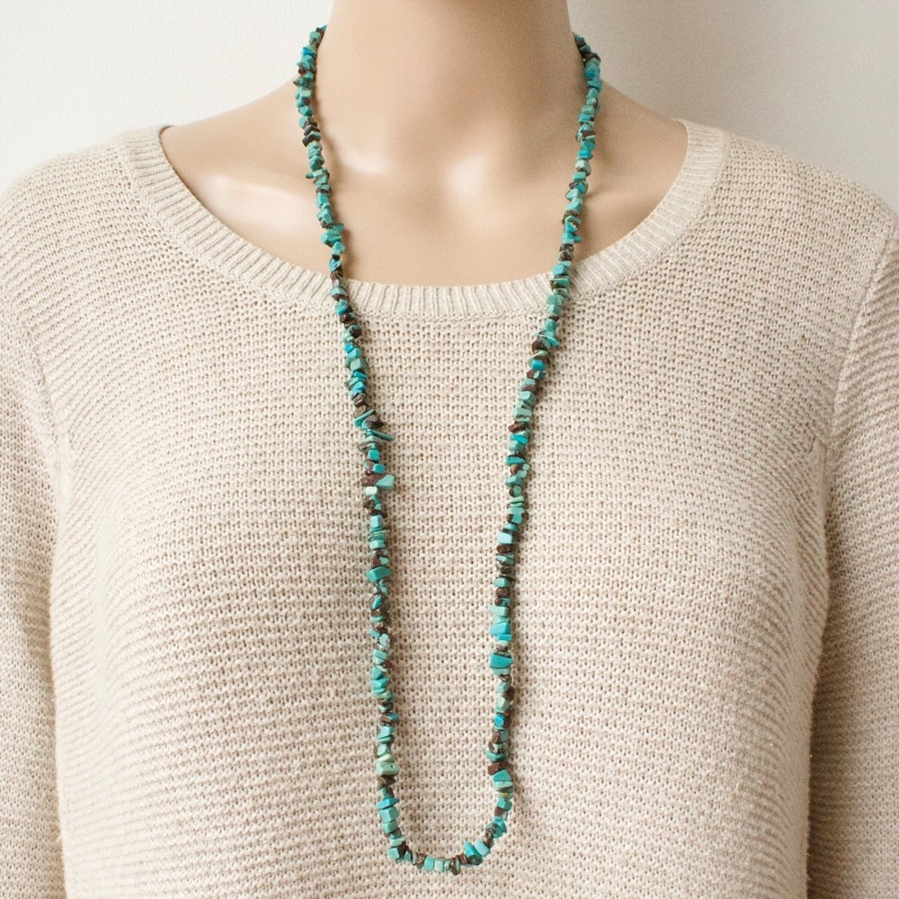 Vintage Turquoise Nugget Bead Necklace 34” Long Strand